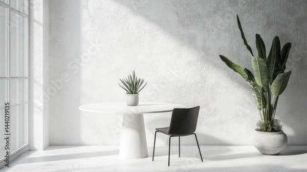 Fototapeta A modern minimalist room with a white round table, a black chair, and two potted plants. Sunlight streams through a large window, casting shadows on the white textured wall
