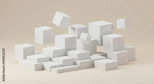 Fototapeta Abstract 3D Render of White Cubes in Beige Background: Minimalist Geometric Composition