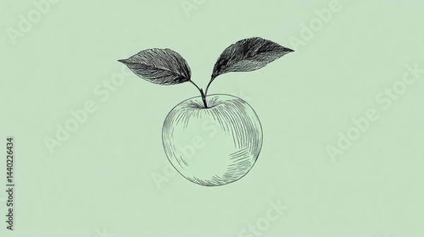 Obraz Simple line drawing of a fresh green apple with two leaves elegant botanical illustration perfect for on transparent background