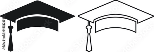 Fototapeta Graduation hat cap flat and outline icons set. Academic degree pictogram vectors. Graduation student black cap, diploma sign. University graduation ceremony symbols isolated on transparent background.