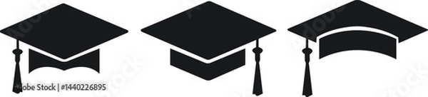 Fototapeta Graduation hat cap flat icons set. Academic degree pictogram vectors. Graduation student black cap, diploma signs. University graduation ceremony symbols collection isolated on transparent background.