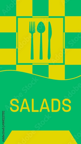Fototapeta Salads Turquoise Teal Yellow Boxes Spoon Fork Knife Vertical Text 