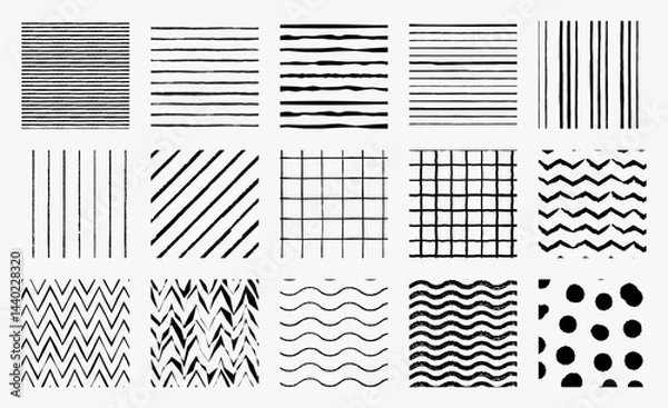 Obraz Hand-drawn seamless patterns. Basic repeating patterns in black and white. Set of textures with simple shapes.