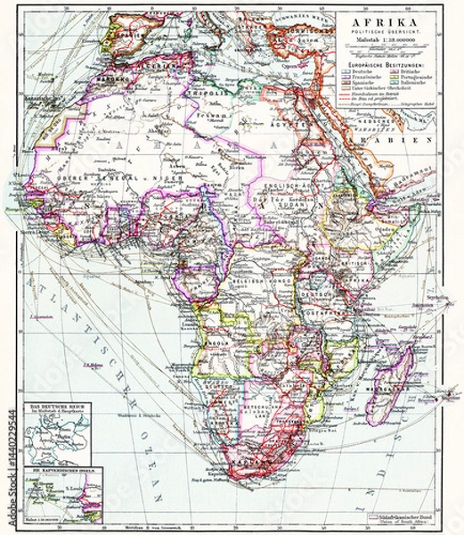 Obraz Map of the African continent with colonial possessions, borders and sea routes, political overview. Publication of the "Meyers encyclopedia", Vol. 6, Leipzig, Germany, 1910.