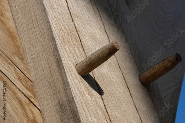 Fototapeta Oak wood condstruction of a house or barn. Architecture. Craft.