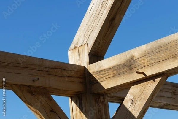 Fototapeta Oak wood condstruction of a house or barn. Architecture. Craft.