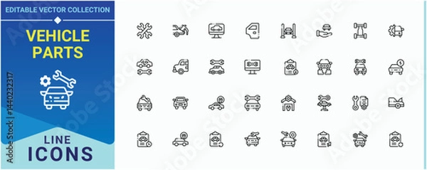 Fototapeta Vehicle Parts line icon set. It contains symbols to part, parts, car, automotive, auto, engine and more. Auto Parts vector line icon set. Minimal icons collection. Editable vector. Pixel perfect.