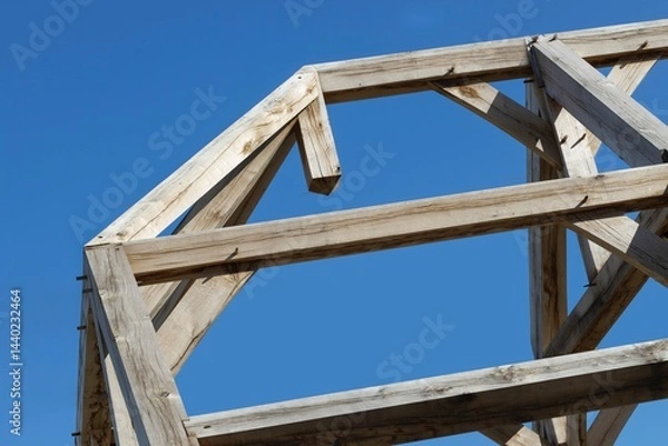 Fototapeta Oak wood condstruction of a house or barn. Architecture. Craft.