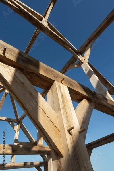 Fototapeta Oak wood condstruction of a house or barn. Architecture. Craft.