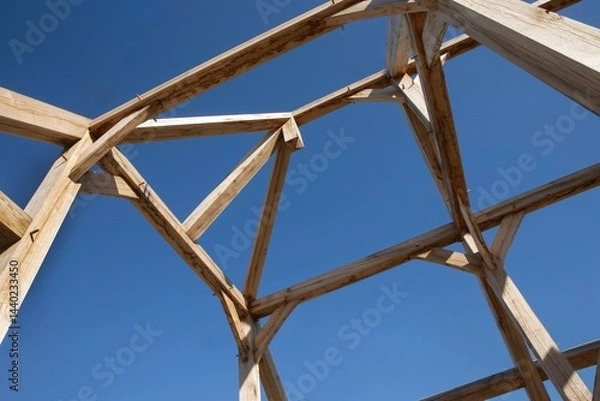 Fototapeta Oak wood condstruction of a house or barn. Architecture. Craft.