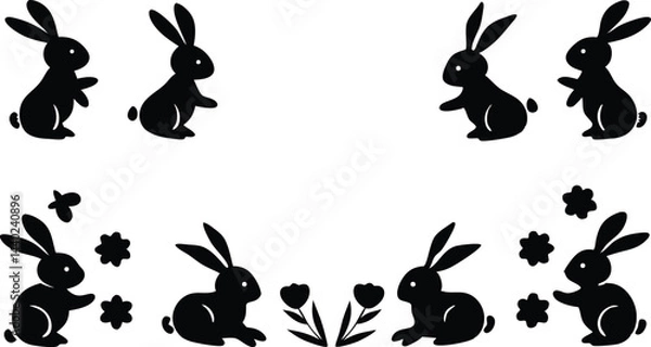 Fototapeta Easter Bunny Silhouettes Cute Spring Rabbits with Floral Elements in Minimalist Style