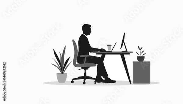 Fototapeta Focused businessman working at desk with plants, modern workspace