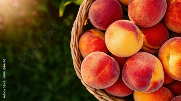 Fototapeta   A field of green grass with many peaches in a basket on top, next to a tree
