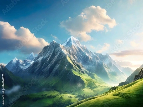 Fototapeta "Exploring the Majestic Alps: A Panoramic Adventure Through Snowy Peaks and Lush Green Valleys