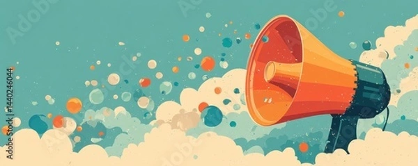Fototapeta A bright megaphone emits colorful speech bubbles against a vibrant, dynamic background, symbolizing communication and announcements , Social media influence marketing.
