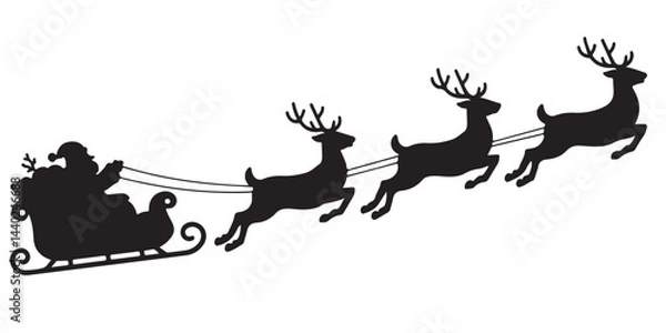 Fototapeta Santa Claus is flying in sleigh with Christmas reindeer silhouettes
