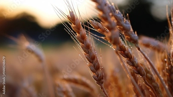 Obraz Extreme close-up of golden wheat ears at sunset with dew drops. Rich texture and warm light. Ideal for agriculture, food packaging, or abstract background use. Serene & detailed.