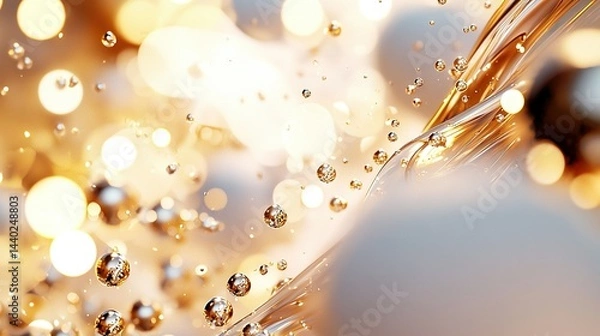 Fototapeta   A close-up view of water droplets on a white surface, blurred background with golden and white circles