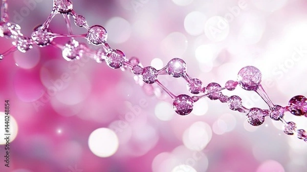 Fototapeta   A close-up of a pink and white background with a strand of beads dangling from its edge and another strand of beads dangling from its other end