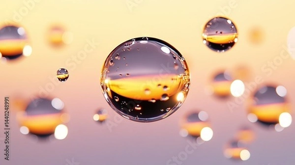 Fototapeta   A cluster of water droplets hovering above a purple and yellow expanse, surrounded by a pink sky