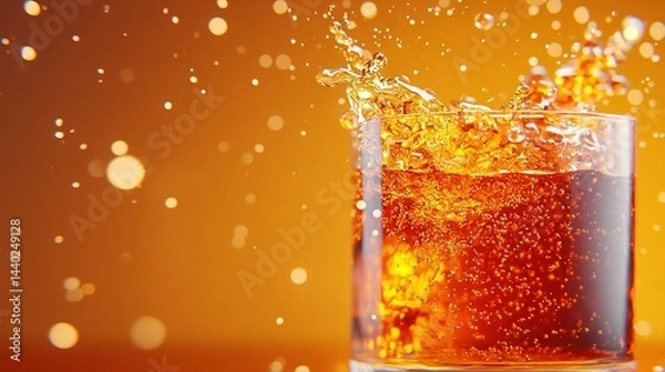 Fototapeta   A close-up glass of soda with water splashes on top and bottom