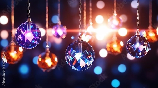 Fototapeta   A close-up of ornaments dangling with lights in the backdrop