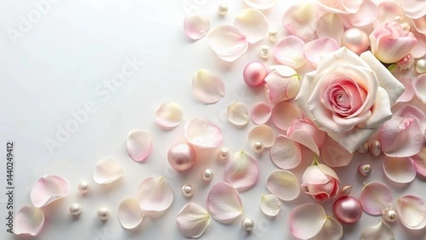 Obraz Elegant rose petals scattered on a soft, white background with subtle pearl accents creating a romantic and whimsical ambiance