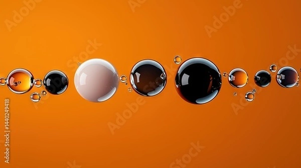 Fototapeta   Orange background with varying bubble sizes and shapes; central droplet of water