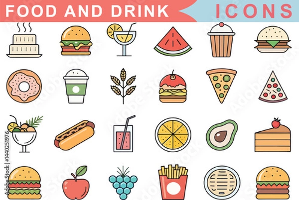 Obraz Restaurant and Food Icons Set in Line Style  Burger, Pizza, Hot Dog, French Fries, Desserts, Drinks, Editable Stroke

