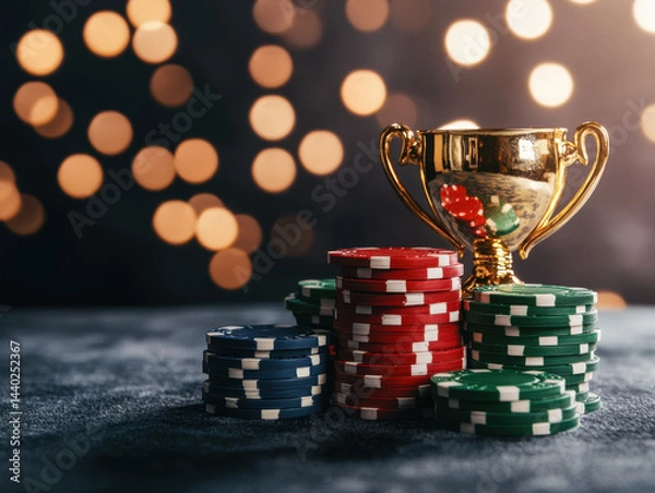 Obraz Vibrant casino scene featuring colorful poker chips stacked high alongside gleaming gold trophy, creating atmosphere of excitement and victory