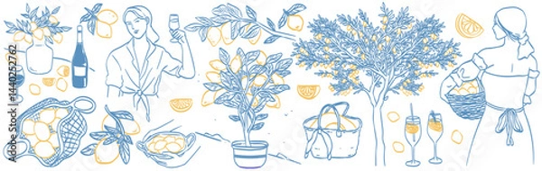 Fototapeta Italian amalfi sicily style vacation hand drawn vector illustrations in ink line doodle sketch style. Lemon tree, woman holding basket on vacation charcoal style drawings for poster, placard or print.