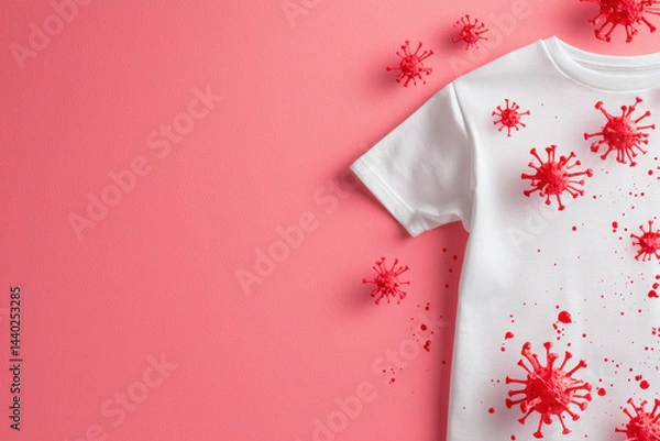 Obraz Casual white shirt featuring vibrant red virus particles scattered across pink background, creating striking visual effect. This design evokes sense of urgency and awareness