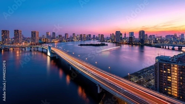 Fototapeta Digital Cityscape of Tokyo with River and Bridge, Long Exposure Car Light Streaks, Modern Urban Architecture along Chiyoda River at Sunset, Aerial View with Blue Gradient Theme