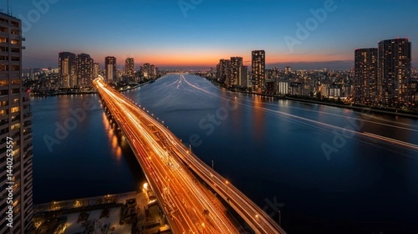 Fototapeta Digital Cityscape of Tokyo with River and Bridge, Long Exposure Car Light Streaks, Modern Urban Architecture along Chiyoda River at Sunset, Aerial View with Blue Gradient Theme
