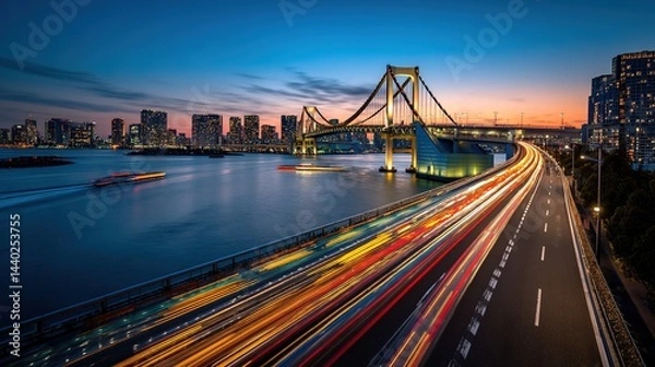 Fototapeta Digital Cityscape of Tokyo with River and Bridge, Long Exposure Car Light Streaks, Modern Urban Architecture along Chiyoda River at Sunset, Aerial View with Blue Gradient Theme