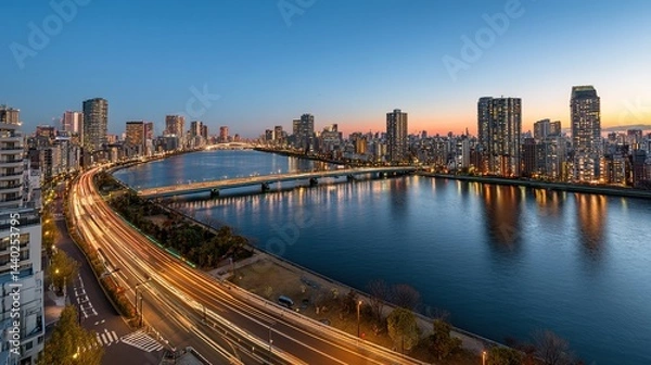 Fototapeta Digital Cityscape of Tokyo with River and Bridge, Long Exposure Car Light Streaks, Modern Urban Architecture along Chiyoda River at Sunset, Aerial View with Blue Gradient Theme