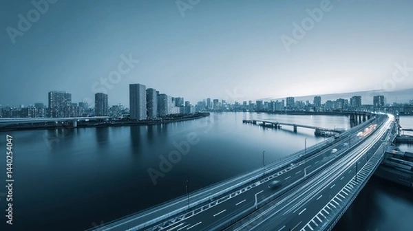 Fototapeta Digital Cityscape of Tokyo with River and Bridge, Long Exposure Car Light Streaks, Modern Urban Architecture along Chiyoda River at Sunset, Aerial View with Blue Gradient Theme