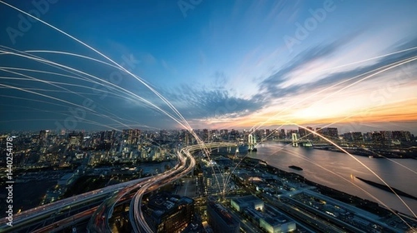 Fototapeta Digital Technology Background with Cityscape and River View, Long Exposure Light Trails, High-Speed Traffic in Tokyo Bay at Sunset, Aerial Wide Panorama