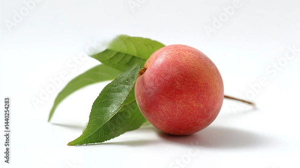 Obraz Single ripe red peach with green leaves isolated on white background perfect for healthy food and summer on transparent background