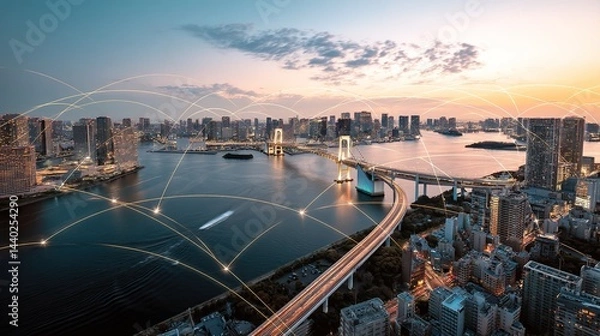 Fototapeta Digital Technology Background with Cityscape and River View, Long Exposure Light Trails, High-Speed Traffic in Tokyo Bay at Sunset, Aerial Wide Panorama