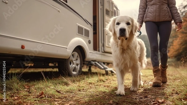 Fototapeta Friendly Dog Walking and Running with Owners in Camper Trailer, Golden Retriever and Labrador