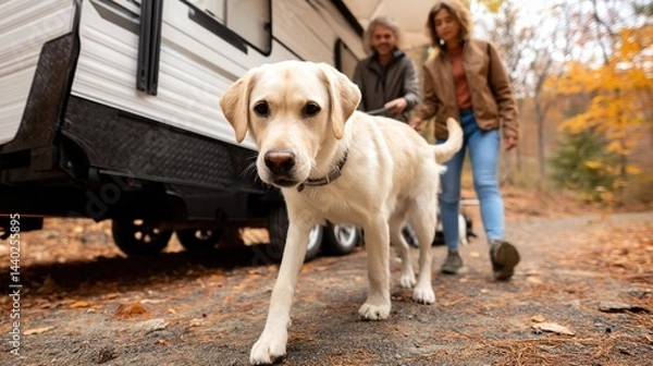 Fototapeta Friendly Dog Walking and Running with Owners in Camper Trailer, Golden Retriever and Labrador