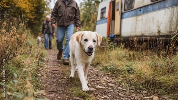 Fototapeta Friendly Dog Walking and Running with Owners in Camper Trailer, Golden Retriever and Labrador