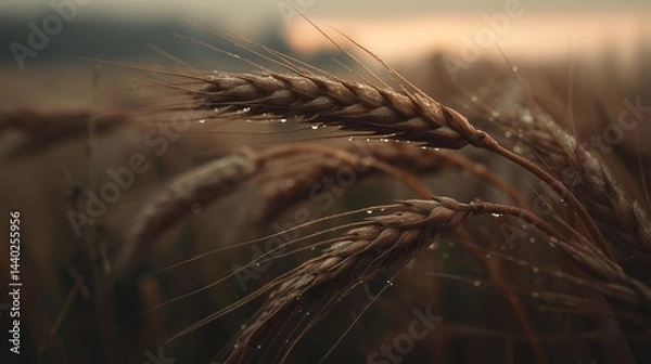 Obraz Macro photograph capturing the beauty of late summer harvest. Intricate details of ripe wheat in golden hour light, evoking nature's cycles and abundance.