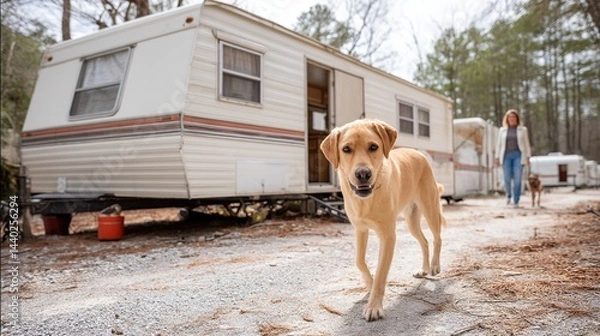 Fototapeta Friendly Dog Walking and Running with Owners in Camper Trailer, Golden Retriever and Labrador