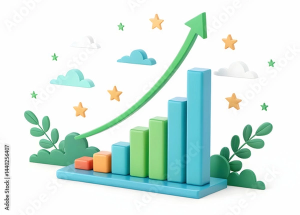 Fototapeta Growth Chart with Colorful Bars and Upward Arrow on White Background