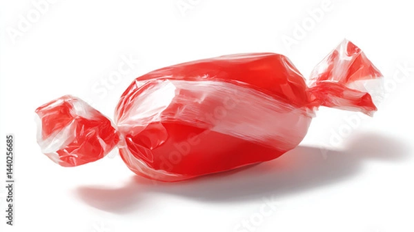 Fototapeta Delicious red candy wrapped in shiny transparent wrapper isolated on white background sweet treat studio on transparent background