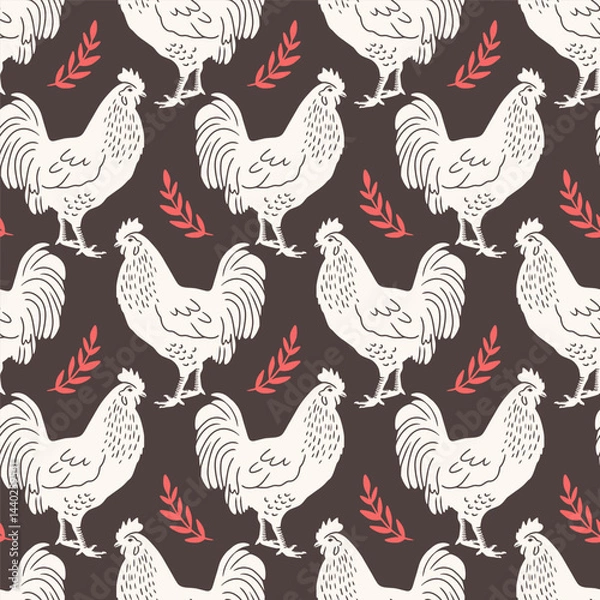 Fototapeta Chicken and Leaf Vector Seamless Pattern