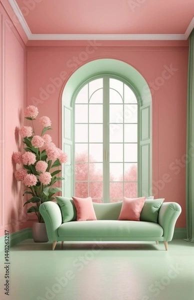 Obraz Minimalist design with natural light, pastel green sofa, and potted plants creating a serene atmosphere.