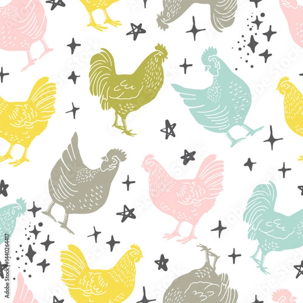 Fototapeta Chicken and Rooster with Stars Vector Seamless Pattern